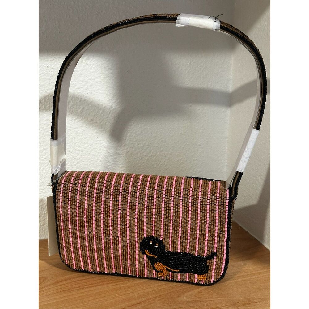 Anthropologie Beaded Dachshund Shoulder Bag in Pink and Brown NWT - Picture 2 of 4